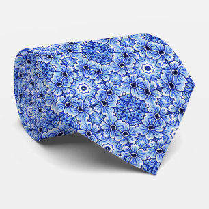 Elegant Klassisk Holländsk Delft Blå Blommig Konst Slips