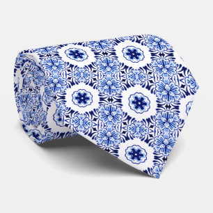 Elegant Klassisk Holländsk Delft Blå Blommig Konst Slips