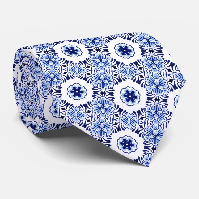 Elegant Klassisk Holländsk Delft Blå Blommig Konst Slips (Rullad)