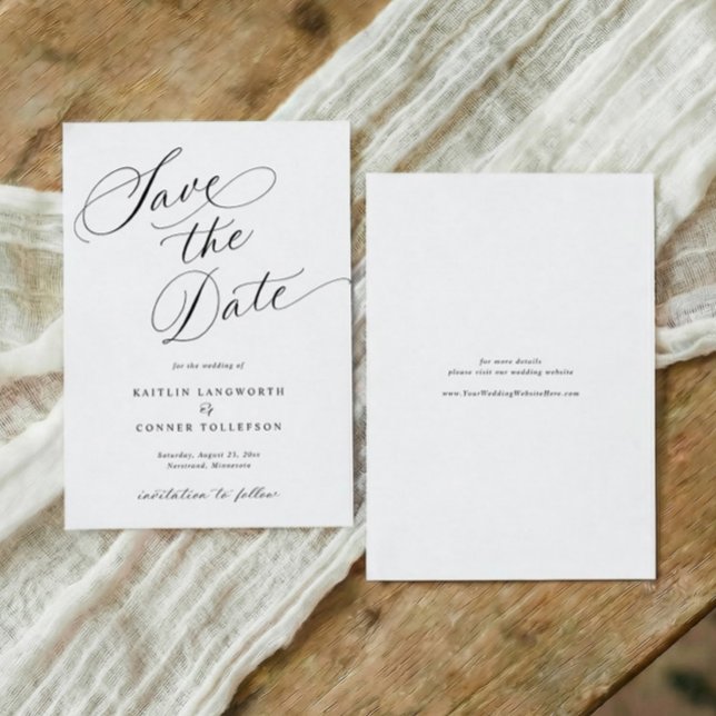 Elegant klassisk kalligrafi formell vigsel spara datumet (Formal black and white wedding save the date with elegant calligraphy and classic script)