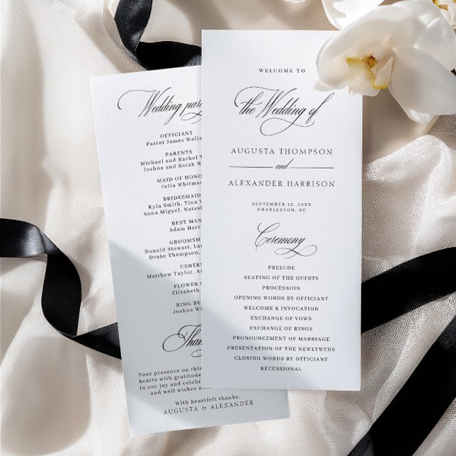 Elegant klassisk kalligrafi vit bröllopsprogram (Elegant Classic Calligraphy White Wedding Program)