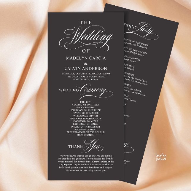 Elegant Klassisk Kolgrå Bröllopsceremoniordning Program (Elegant Classy Gold Script Wedding Ceremony Order Program Card in Charcoal Grey)