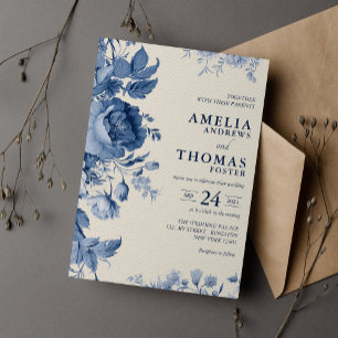 Elegant klassisk kräm och fransk blå blombröllop inbjudningar