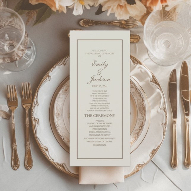 Elegant klassisk krämbrun script bröllopsprogram program (Cream wedding menu with elegant brown text)