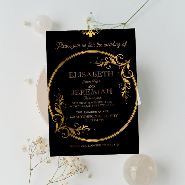 elegant Klassisk luxuriös svart guld bröllop Inbjudningar (Skapare uppladdad)