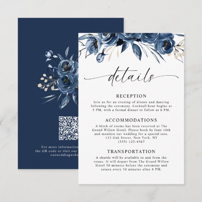Elegant Klassisk Marinblå Blommig Bröllops QR-kod Tilläggskort (Fram/baksida)