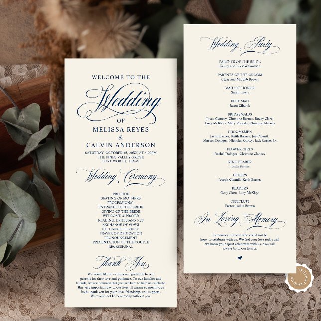Elegant klassisk marinblå bröllopsceremoni med scr program (Elegant Classic Navy Blue and Ivory Script Wedding Ceremony Program Card)