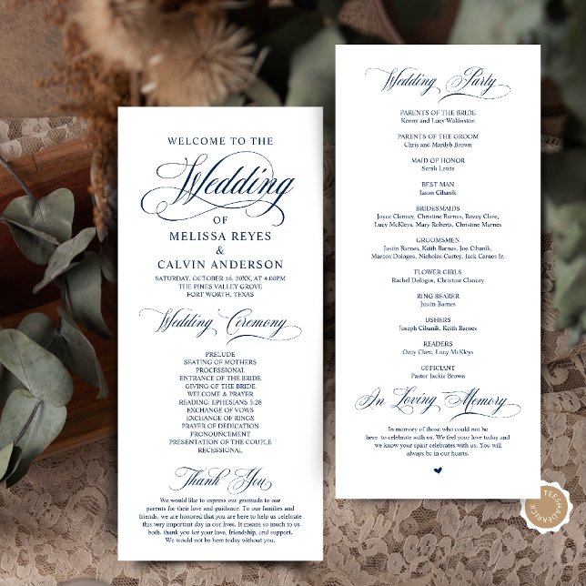 Elegant klassisk marinblå bröllopsceremoni med scr program (Elegant Classic Navy Blue Script Wedding Ceremony Program Card)