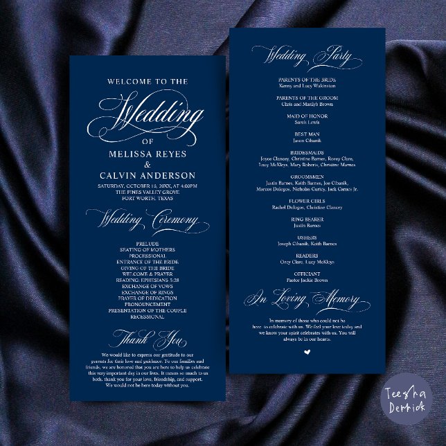 Elegant Klassisk Marinblå Bröllopsceremoni Program (Elegant Classic Navy Blue Script Wedding Ceremony Program Card)