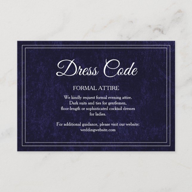 Elegant klassisk marinblå bröllopsklädkod tilläggskort (Framsida)