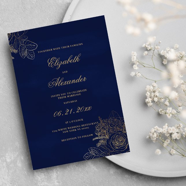 Elegant klassisk marinblå guld-folie blommigt bröl inbjudningar (Elegant classic navy blue gold foil floral wedding)