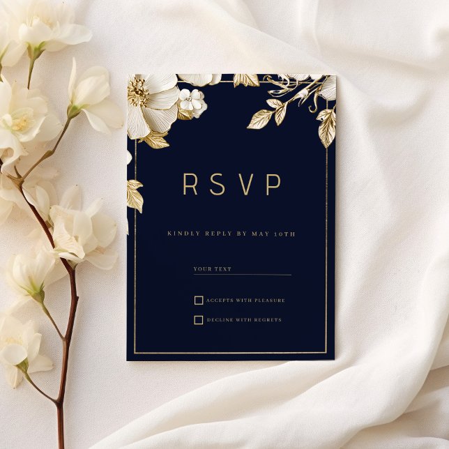 Elegant klassisk marinblå guldblommig RSVP Inbjudningar (Elegant classic navy blue gold floral RSVP)