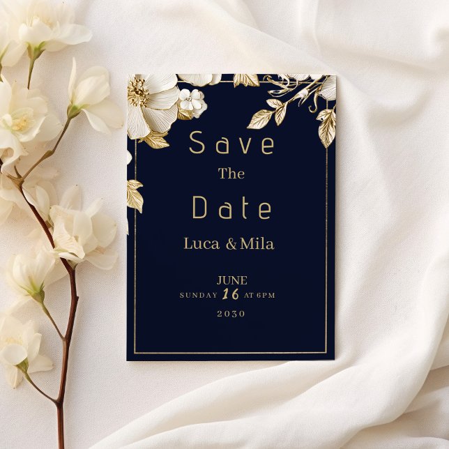 Elegant klassisk marinblå guldflora Save the Date Inbjudningar (Elegant classic navy blue gold flora Save the Date )