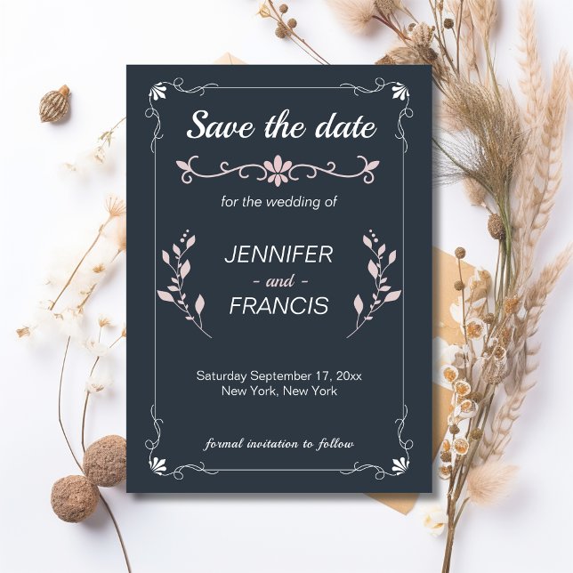 Elegant Klassisk Marinblå och Rosa Bröllop  Spara Datumet (Navy and Pink Elegant Classy Wedding Save the Date)