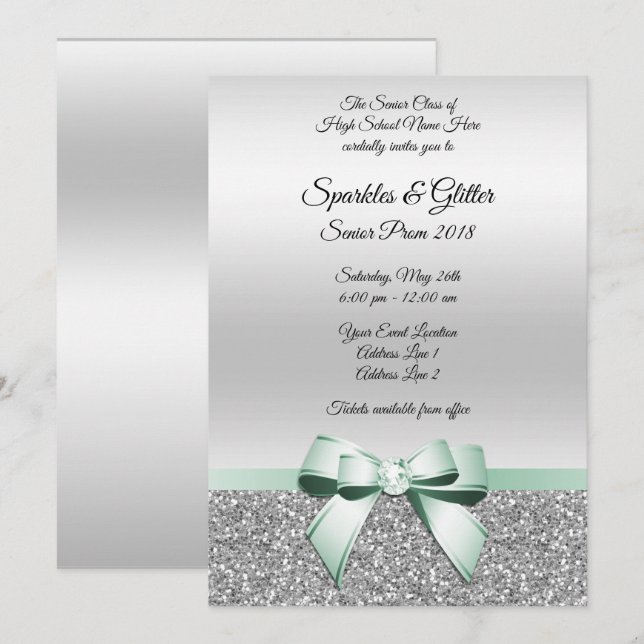 Elegant Klassisk Mintgrön Slöja & Silver Glitter B Inbjudningar (Fram/baksida)