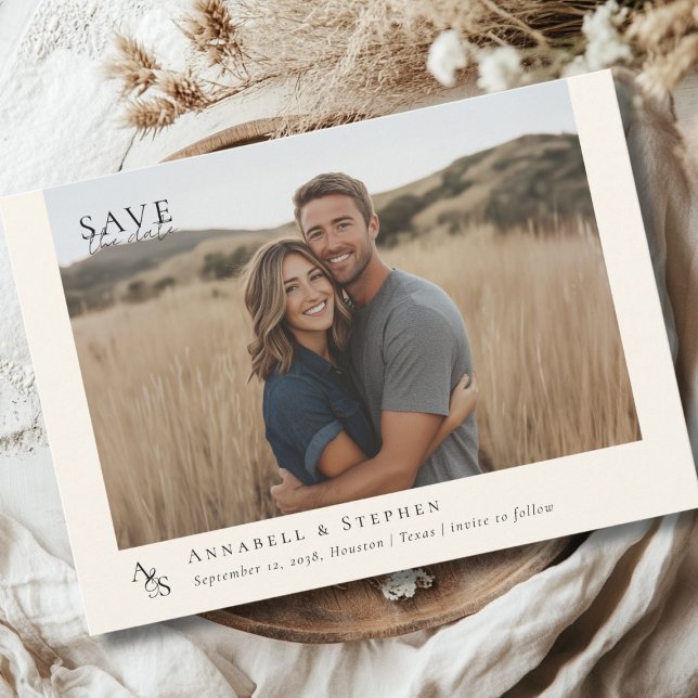 Elegant, Klassisk, Monogram, Beige, Bröllop 1 Foto Spara Datumet (Elegant, Classic, Monogram, Beige, Wedding 1 Photo Save The Date Card)