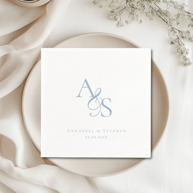 Elegant Klassisk Monogram Blå Bröllop Pappersservett (Elegant Classic Monogram Blue Wedding Napkins)