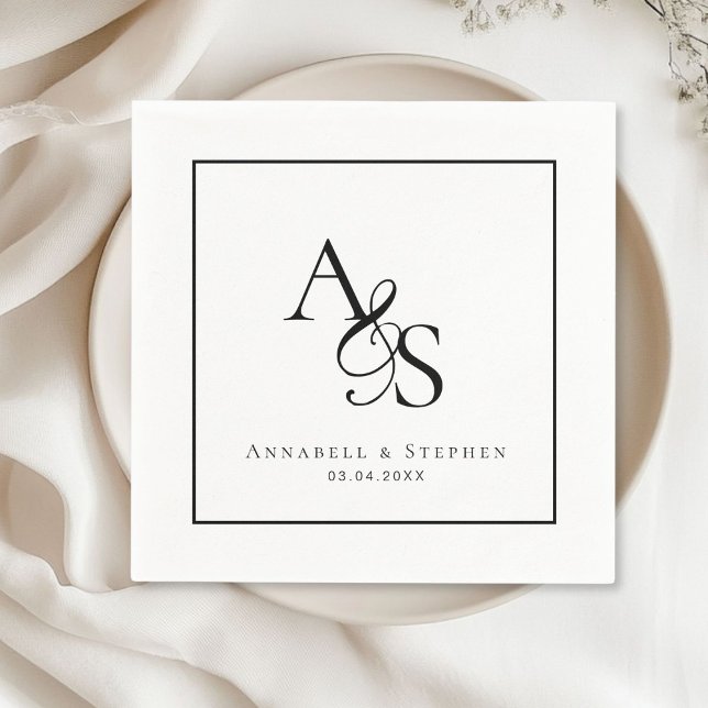 Elegant, Klassisk, Monogram, Bröllop Pappersservett (Elegant, Classic, Monogram, White, Wedding Napkin with your name and date.)