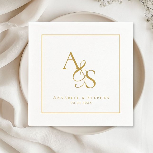 Elegant, Klassisk, Monogram, Bröllop Pappersservett (Elegant, Classic, Monogram, White, Wedding Napkin with your name and date.)
