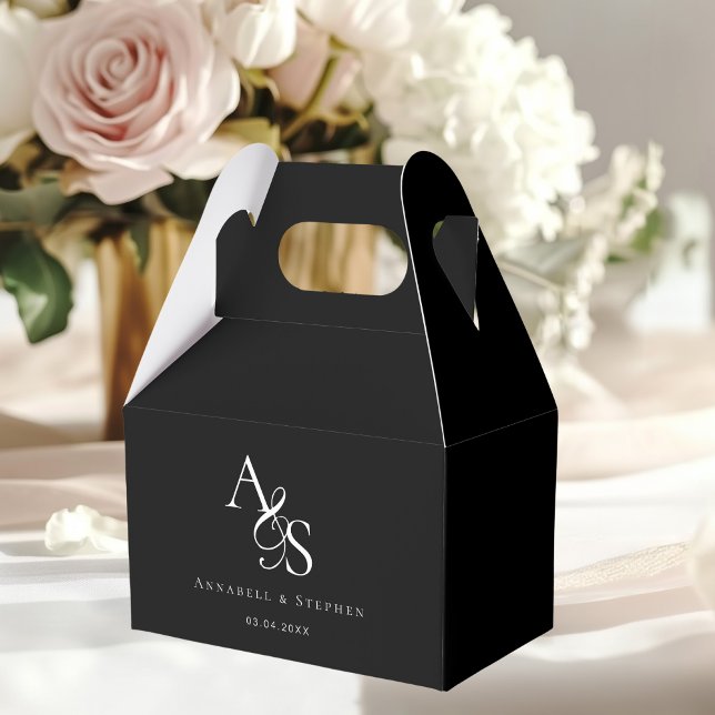 Elegant, Klassisk, Monogram, Bröllop Presentaskar (Elegant, Classic, Monogram, Ampersand, Black, Wedding Favor Boxes. With your Monogram, Name & Date.)