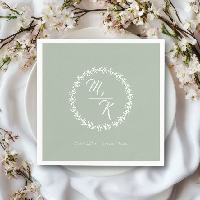 Elegant, klassisk, monogram krans pappersservett (Personalized, elegant, classic green wedding napkin, simple wreath, with your monograms & text.)