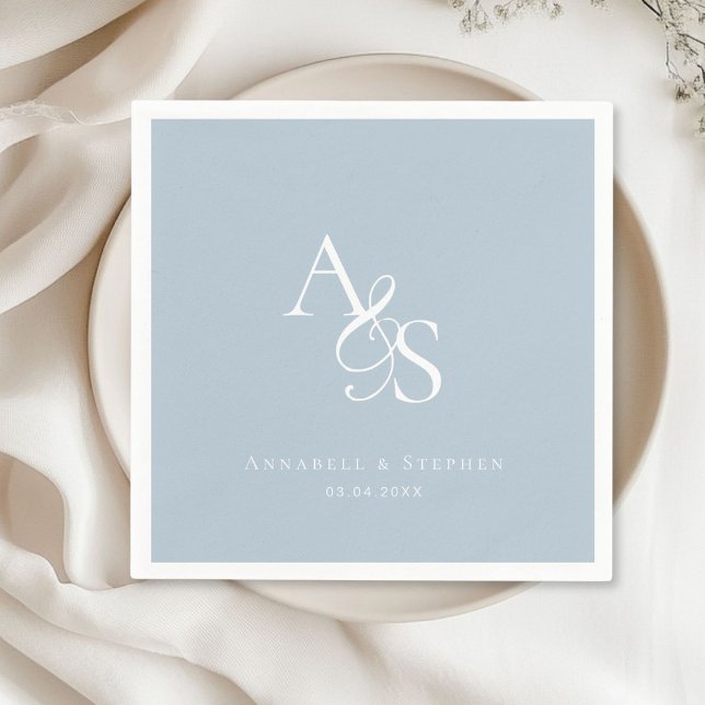 Elegant, klassisk, monogram, pulverblå Bröllop Pappersservett (Elegant, Classic, Monogram, Powder Blue, Wedding Napkin with your name and date.)