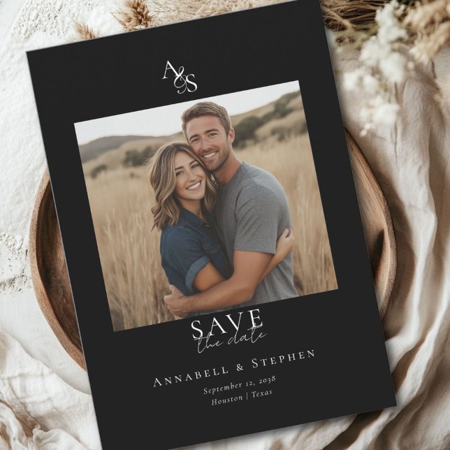 Elegant, Klassisk, Monogram, Svart, Bröllop 1 Foto Spara Datumet (Elegant, Classic, Monogram, Black, Wedding 1 Photo Save The Date Card.)