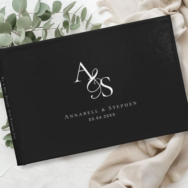 Elegant, Klassisk, Monogram, Svart, Bröllop Gästböcker (Elegant, Classic, Monogram, Black & White, Wedding Guest Book)