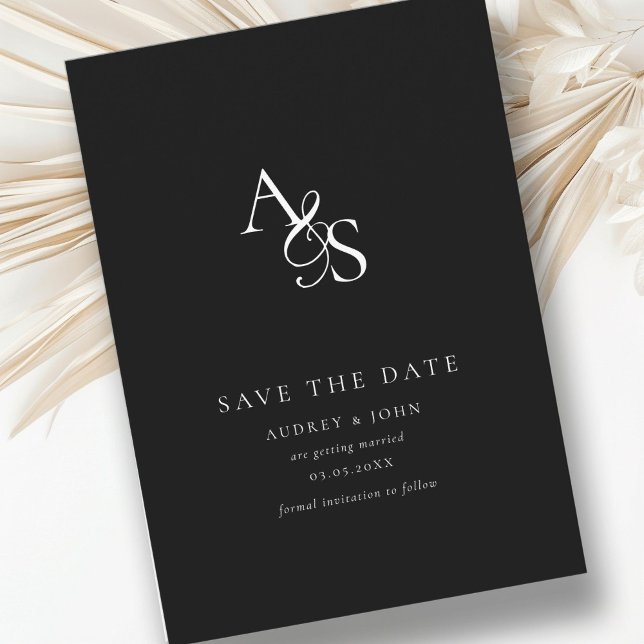 Elegant, Klassisk, Monogram, Svart, Bröllop Spara Datumet (Elegant, Classic, Monogram, White, Wedding Save The Date.  Black + White, Print & Download.)