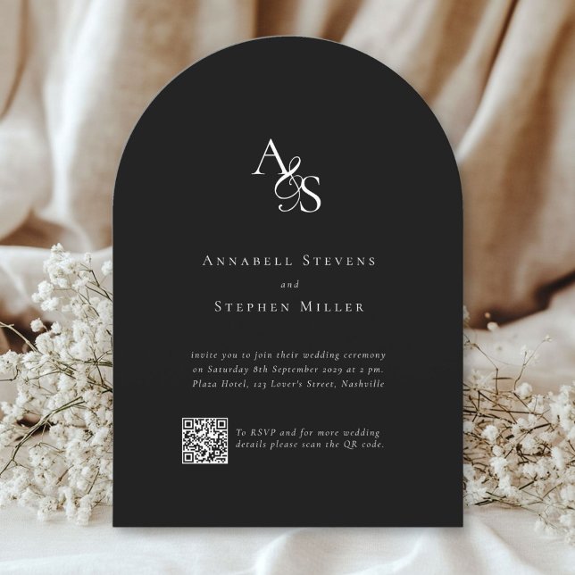 Elegant, Klassisk, Monogram, Svart, QR-kod Bröllop Inbjudningar (Elegant, classic, monogram, black+white, QR Code wedding invitation.)
