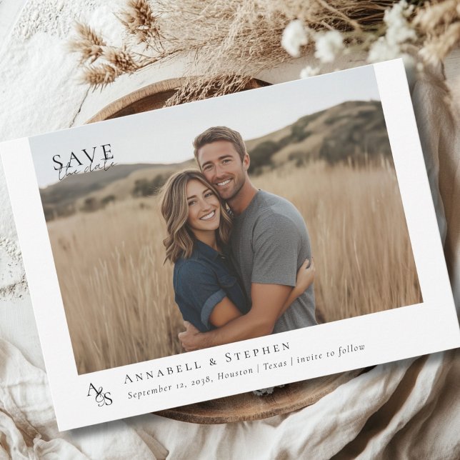 Elegant, Klassisk, Monogram, Vit, Bröllop 1 Foto Spara Datumet (Elegant, Classic, Monogram, White, Wedding 1 Photo Save The Date Carf.)