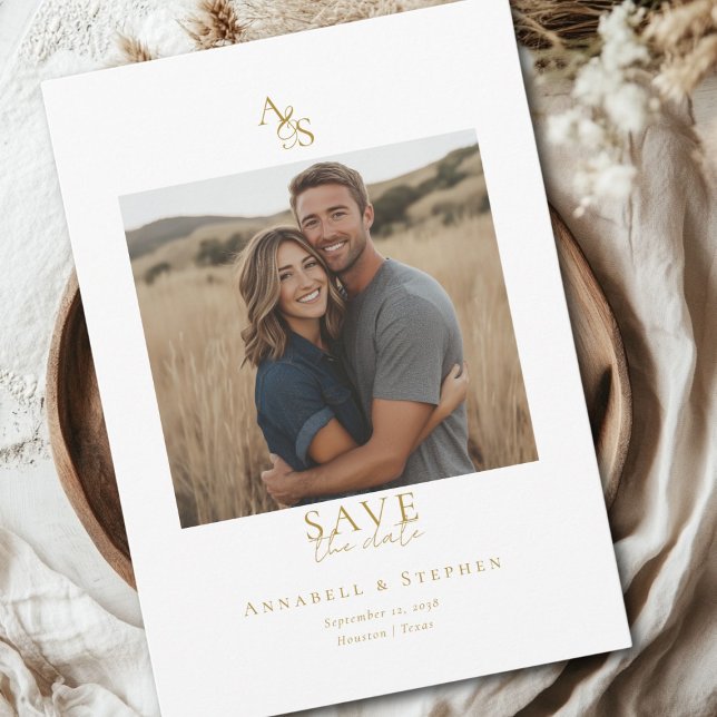 Elegant, Klassisk, Monogram, Vit, Bröllop 1 Foto Spara Datumet (Elegant, Classic, Monogram, White, Wedding 1 Photo Save The Date Card)