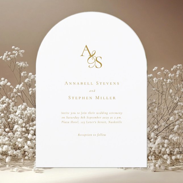 Elegant, Klassisk, Monogram, Vit, Bröllop Inbjudningar (Elegant, classic, monogram, white & beige, arch wedding invitation.)