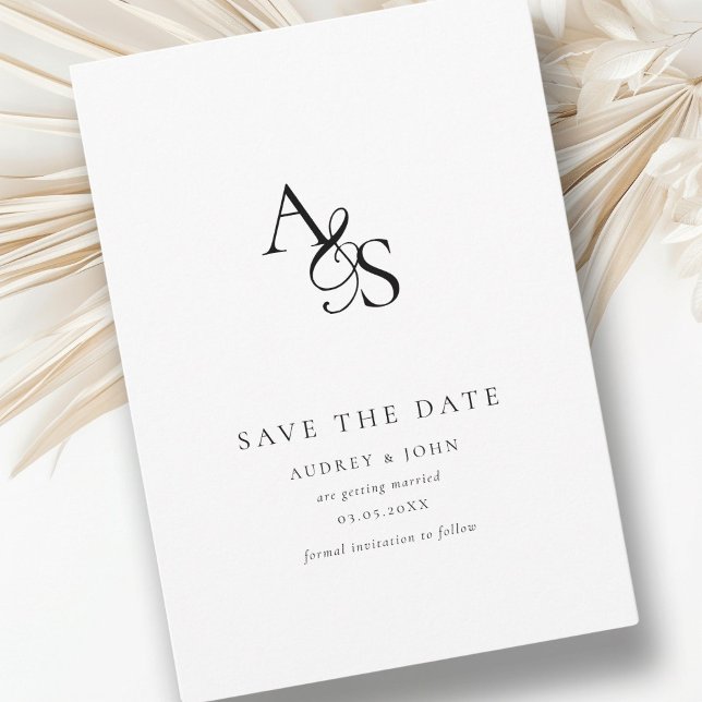 Elegant, Klassisk, Monogram, Vit, Bröllop Spara Datumet (Elegant, Classic, Monogram, White, Save the Date Card. Print + Download availedding Save The Date. )