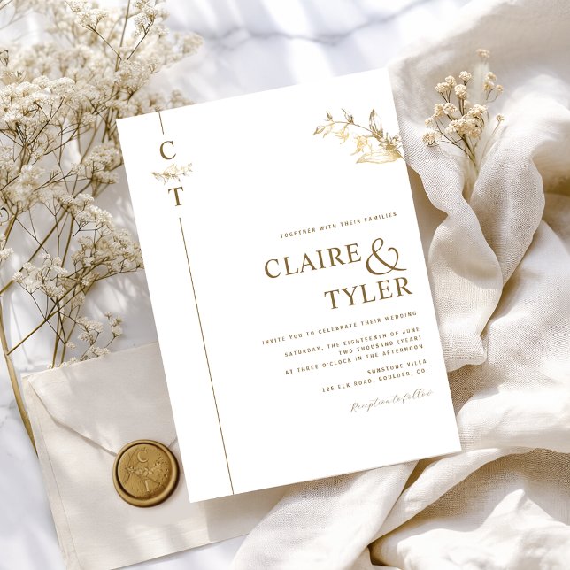 Elegant Klassisk Monogram Vit och Guld Bröllop Inbjudningar (Skapare uppladdad)