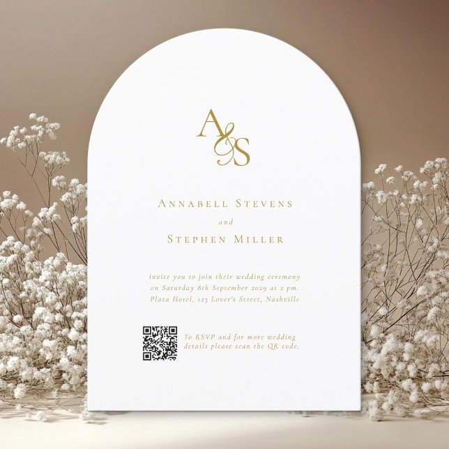 Elegant, Klassisk, Monogram, Vit, QR-kod Bröllop Inbjudningar (Elegant, Classic, Monogram, White, QR Code Wedding Invitation)