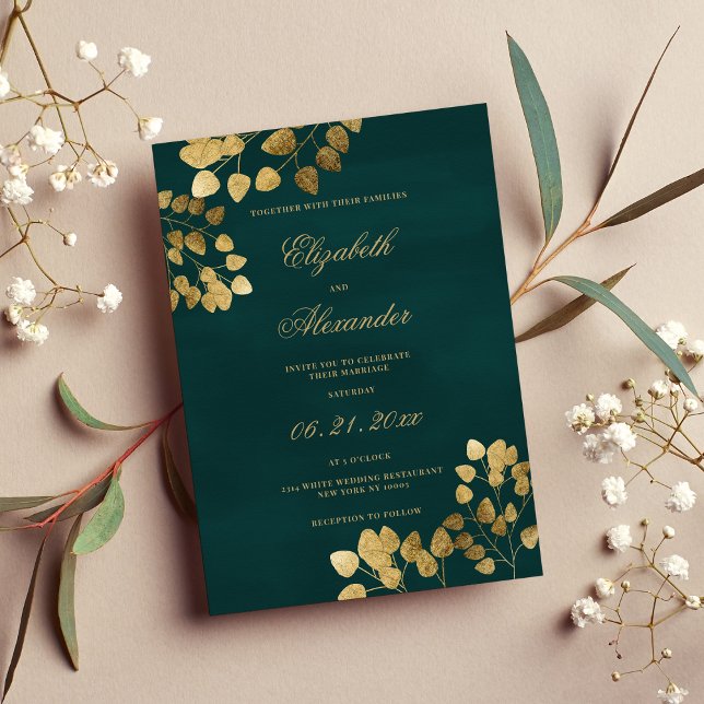 Elegant klassisk mörk grönt guld eucalyptus bröllo inbjudningar (Elegant classic dark green gold eucalyptus wedding invitation )