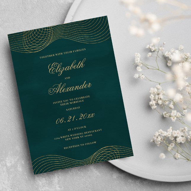 Elegant klassisk mörk grönt guld-geometrisk bröllo inbjudningar (Elegant classic dark green gold geometric wedding )