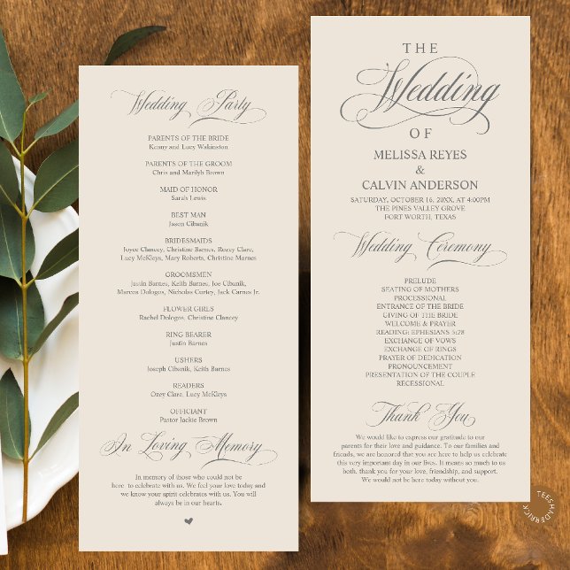 Elegant Klassisk Mörkgrå Kräm Script Bröllop Program (Elegant Classy Dark Grey Cream Script Wedding Program Card)