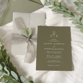 Elegant klassisk olivgrön bladmonogrambröllop inbjudningar