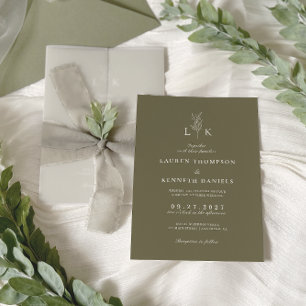 Elegant klassisk olivgrön bladmonogrambröllop inbjudningar