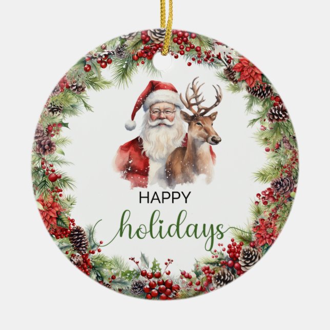 Elegant, klassisk röd och grönt tomtenn julgransprydnad keramik (Framsidan)