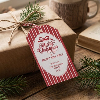 Elegant Klassisk Röd Vit Rand Glad Jul Presentetikett