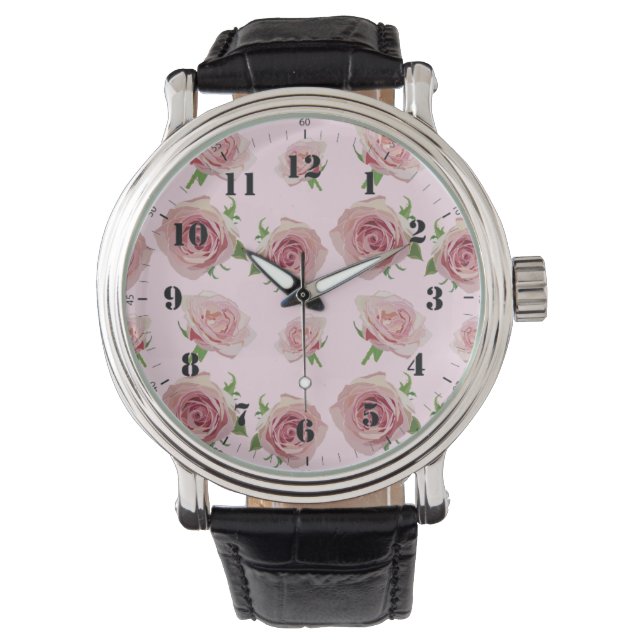 Elegant klassisk rosa ros-blomma mönster armbandsur (Framsida)
