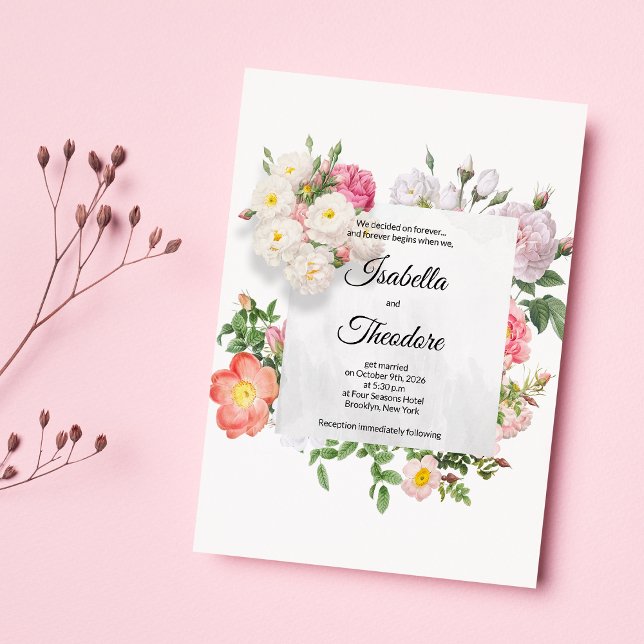 Elegant, klassisk rosa, vit blomma ram Bröllop Inbjudningar (Elegant classic pink white flower frame Wedding )
