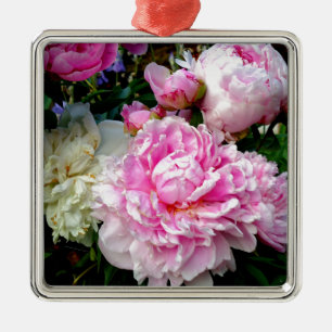 Elegant klassisk rosa vita blommande pioner julgransprydnad metall