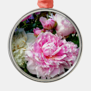 Elegant klassisk rosa vita blommande pioner julgransprydnad metall