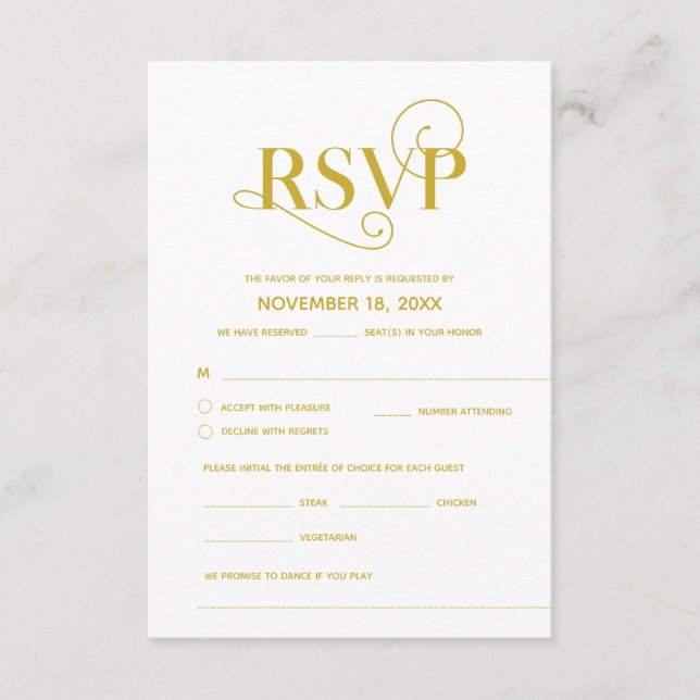 Elegant Klassisk, RSVP,  Guld Font, Svara Tilläggskort (Framsida)
