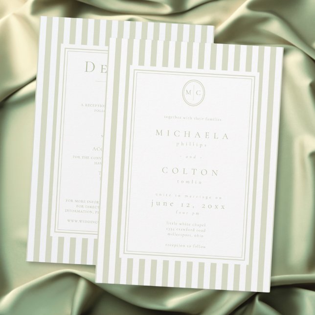 Elegant Klassisk Sage Randig Monogram Tvåsidig Inbjudningar (Elegant Classic Sage Stripe Monogram Two Sided Invitation)