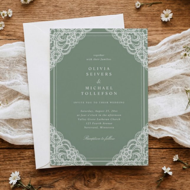 Elegant Klassisk Salvia Fransk Spets Bröllop Inbjudningar (Vintage lace wedding invitation in sage green with white lace corners and classic typography)